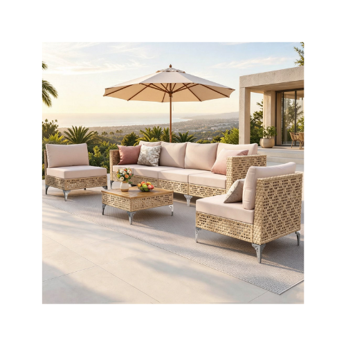 SUMMIT LIVING 4-Piece Outdoor Patio Conversation Set-All-Weather Rattan 4-Seat Sofa & 2 Armless Chairs with Washable Cushions & Acacia Wood Top Coffee Table for Porch & Balcony, Beige
