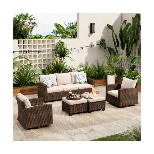 Sophia & William 5 Pieces Wicker Patio Furniture Set with Swivel Chairs 7-Seat Outdoor Conversation Set, Beige