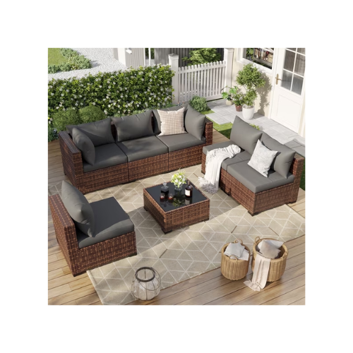 ELPOSUN 7 Pieces Patio Furniture Set All Weather Outdoor Sectional Sofa, Outdoor Modern Sectional Furniture Wicker Couch with Glass Coffee Table, Thicken Gray Cushions, Water Resistant