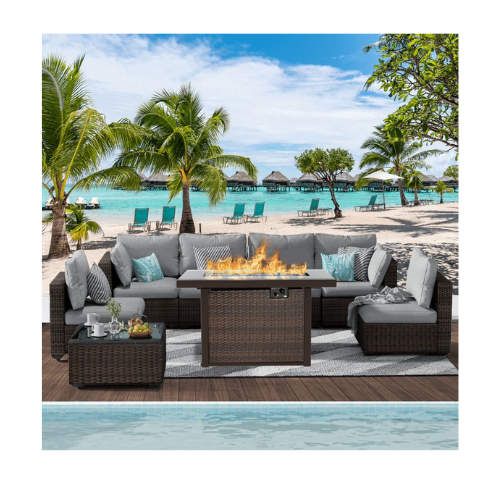 Gaildon 8 Piece Patio Furniture Set with Fire Pit Table, All Weather Outdoor Sectional PE Rattan, Patio Conversation Sets with Cushions and Glass Coffee Table for Garden Lawn Balcony Porch Deck