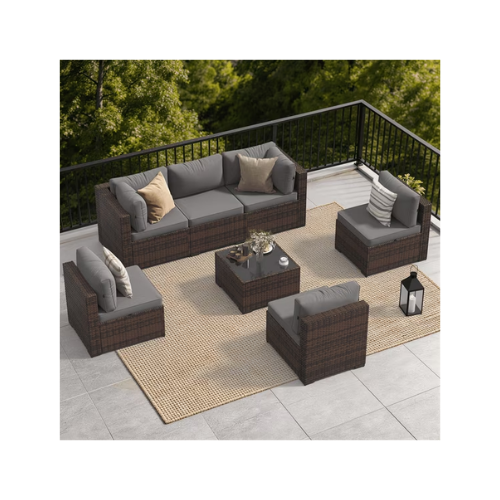 Dateyes 7-Piece Outdoor Patio Sectional Sofa Set, All-Weather Wicker Rattan Furniture with Coffee Table & Waterproof Cover (Grey)