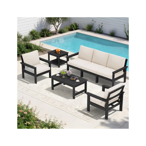 FUNDAZE Oversize 5 Pieces Patio Furniture Sets, Waterproof HDPE Frame Outdoor Conversation Sets Perfect for Patio, Poolside & Backyard, Black Frame with Khaki Cushion
