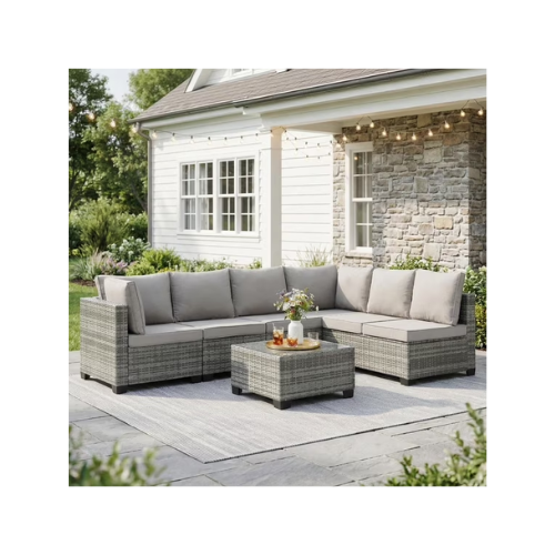Ebello 7-Piece Modular Conversation Set, Outdoor Patio Sectional Sofa with Glass Coffee Table, Rattan Garden Furniture, GLG(Light Gray)