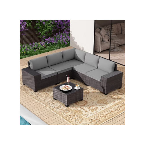 ALAULM 6 Pieces Patio Conversation Set, Outdoor Sectional PE Rattan Wicker Furniture Seat,Gray