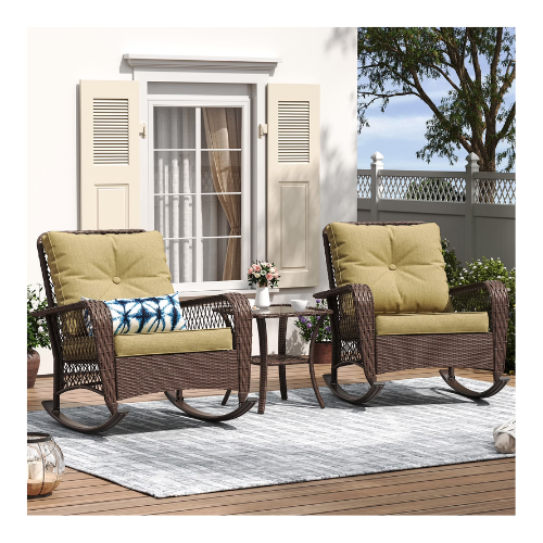 ELPOSUN 3-Piece Outdoor Rocking Chairs, Wicker Patio Furniture with Thickened Cushions and Table for Porch