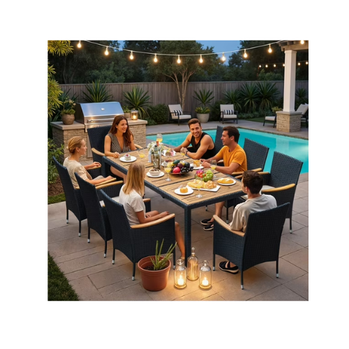 Lacoo 9 Pieces Patio Furniture Set with Acacia Wood Tabletop and Rattan Chairs, Outdoor Dining Table Set with Comfortable Beige Cushions, Black Wicker