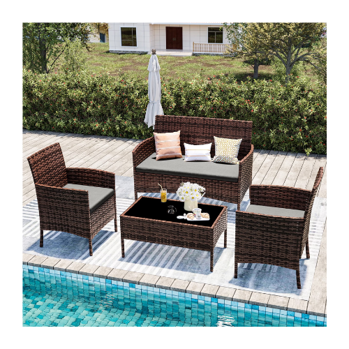 UDPATIO 4 Pieces Outdoor Patio Furniture,Sectional Conversation Sets,Brown PE Rattan Patio Chairs with Table and Loveseat for Balcony, Porch, Backyard,（Gray Cushion）