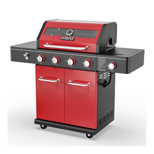 4-Burner Propane Gas Grill with Side Burner, 56,000 BTU Outdoor BBQ Grill with Viewing Window, Outdoor Grill 677 Sq. In. Cooking Area, Porcelain-Coated Lid, Red