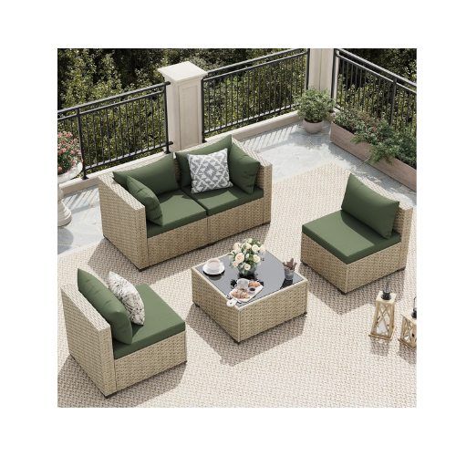 UDPATIO 5 Pieces Outdoor Patio Furniture Set, Outdoor Wicker Patio Conversation Set with Cushions for Backyard, Porch, Garden(Green)