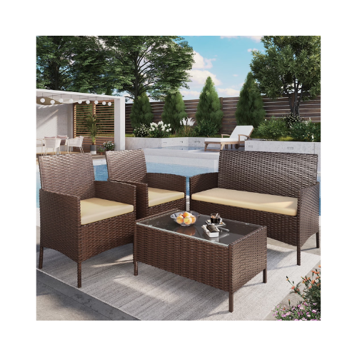 Elposun 4 Steel Sectional Outdoor Conversation Sets with Chair and Loveseat, Brown/Beige