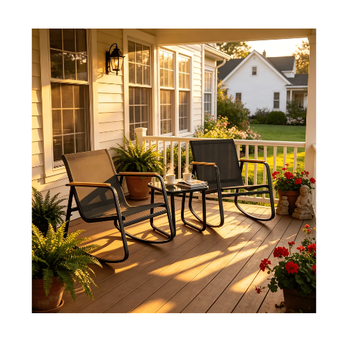 Lofka 3 Piece Patio Furniture Set, All Weather Teslin Outdoor Rocking Chair Set with Tempered Glass Coffee Table, Outdoor Seating Set for Backyard Balcony Porch Garden, Black